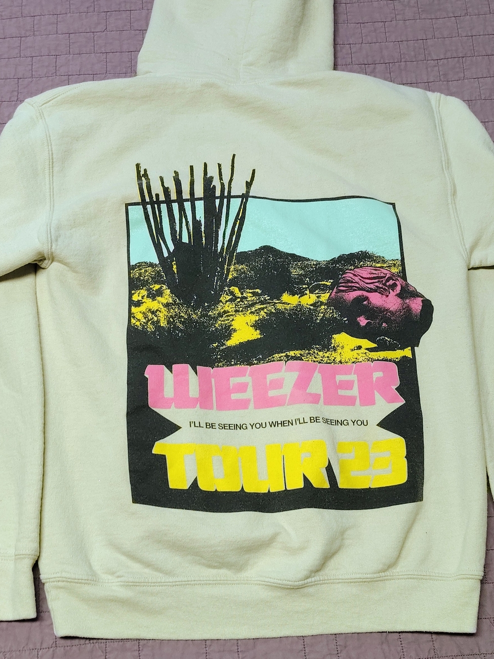 Weezer Tour 2023 Concert Hoodie Mens Small Pale Yellow Indie Rock Roadtrip - Picture 2 of 5